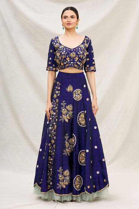 Buy_Neha Mehta Couture_Blue Silk V Neck Embroidered Bridal Lehenga Set _Online_at_Aza_Fashions