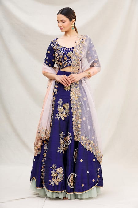 Neha Mehta Couture_Blue Silk V Neck Embroidered Bridal Lehenga Set _Online_at_Aza_Fashions