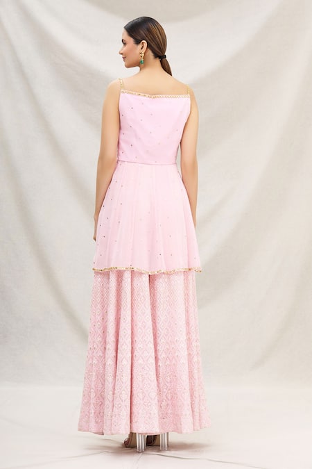 Shop Neha Mehta Couture Pink Georgette, Lucknowi Square Neck Embellished Kurta Set at Aza Fashions Shop_Neha Mehta Couture_Pink Georgette, Lucknowi Square Neck Embellished Kurta Set _at_Aza_Fashions