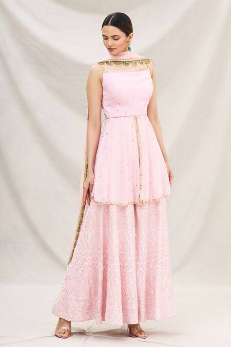 Neha Mehta Couture Pink Georgette, Lucknowi Square Neck Embellished Kurta Set Online at Aza Fashions Neha Mehta Couture_Pink Georgette, Lucknowi Square Neck Embellished Kurta Set _Online_at_Aza_Fashions