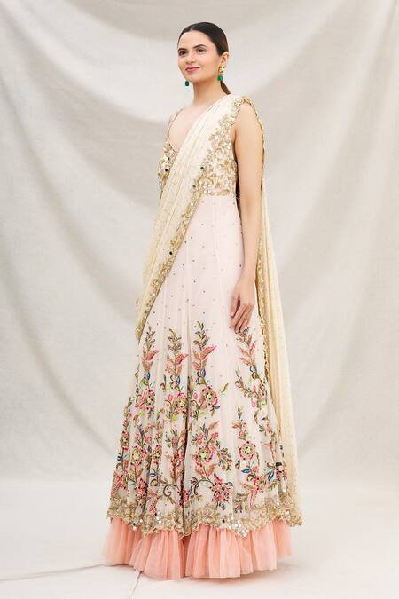 Buy Neha Mehta Couture White Lucknowi V Neck Embroidered Layered Saree Gown Online at Aza Fashions Buy_Neha Mehta Couture_White Lucknowi V Neck Embroidered Layered Saree Gown _Online_at_Aza_Fashions