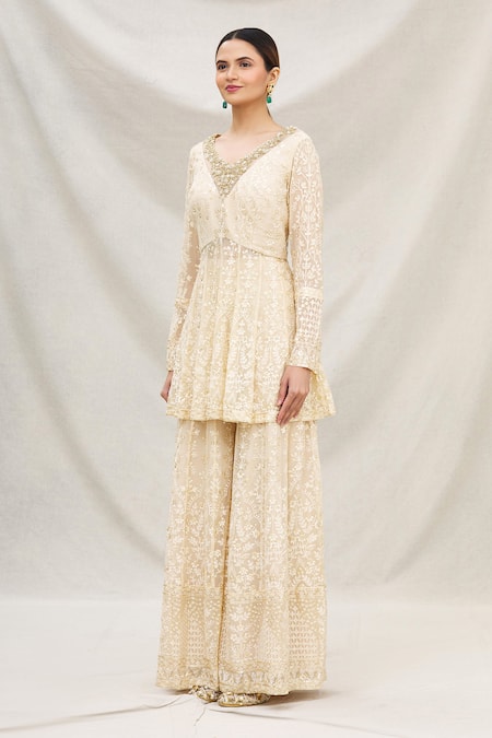 Buy Neha Mehta Couture Gold Georgette V Neck Peplum Kurta And Gharara Set Online at Aza Fashions Buy_Neha Mehta Couture_Gold Georgette V Neck Peplum Kurta And Gharara Set _Online_at_Aza_Fashions