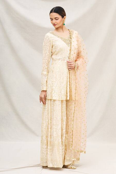 Neha Mehta Couture Gold Georgette V Neck Peplum Kurta And Gharara Set Online at Aza Fashions Neha Mehta Couture_Gold Georgette V Neck Peplum Kurta And Gharara Set _Online_at_Aza_Fashions