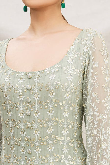 Neha Mehta Couture_Green Georgette U Neck Embroidered Anarkali Set _at_Aza_Fashions