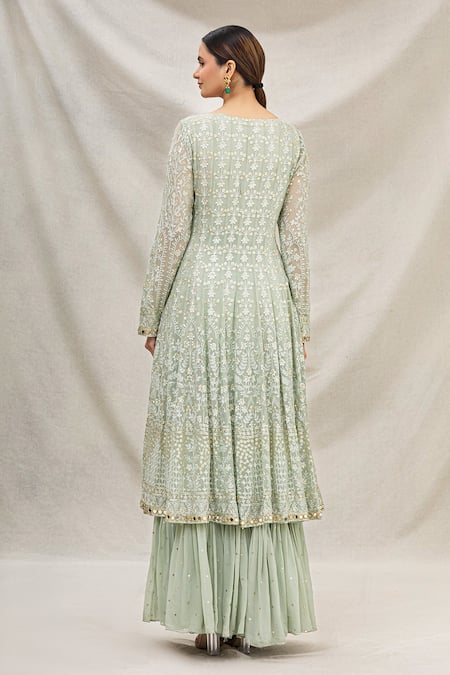Shop_Neha Mehta Couture_Green Georgette U Neck Embroidered Anarkali Set _at_Aza_Fashions