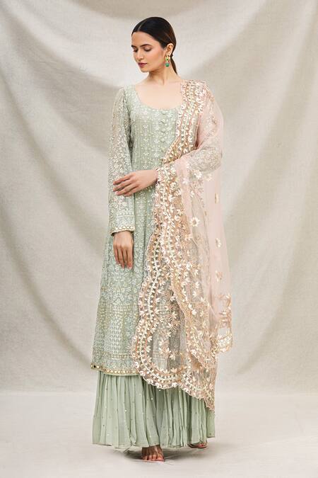 Buy_Neha Mehta Couture_Green Georgette U Neck Embroidered Anarkali Set _Online_at_Aza_Fashions