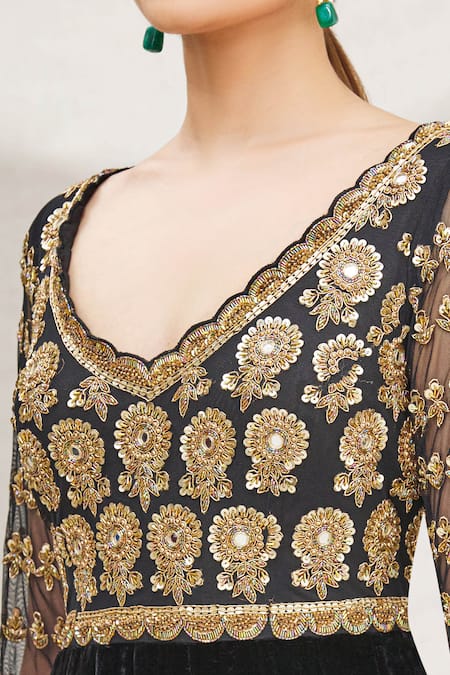 Neha Mehta Couture_Black Velvet V Neck Asymmetric Anarkali Set _at_Aza_Fashions