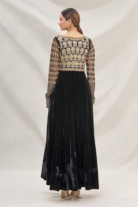 Shop_Neha Mehta Couture_Black Velvet V Neck Asymmetric Anarkali Set _at_Aza_Fashions