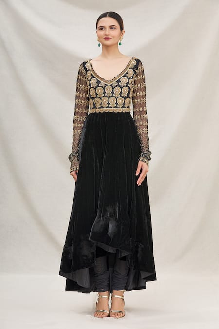 Shop_Neha Mehta Couture_Black Velvet V Neck Asymmetric Anarkali Set _Online_at_Aza_Fashions