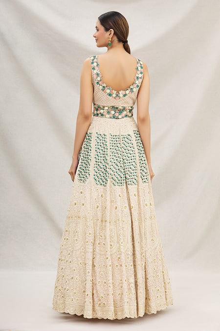 Shop_Neha Mehta Couture_Beige Lucknowi V Neck Embroidered Lehenga Set _at_Aza_Fashions