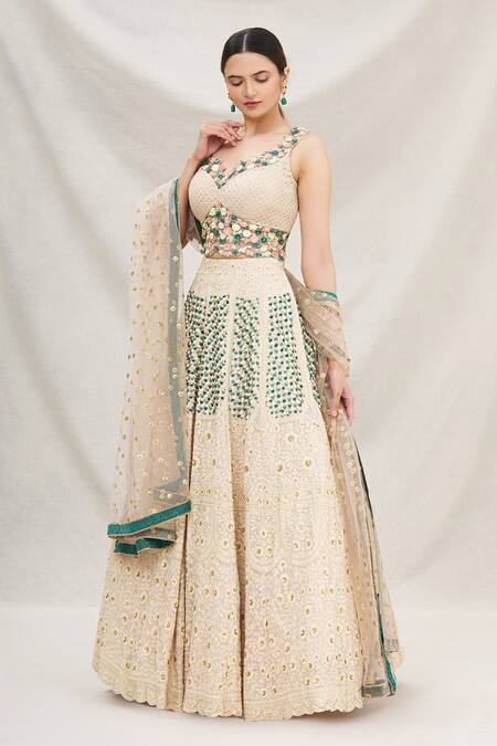 Buy_Neha Mehta Couture_Beige Lucknowi V Neck Embroidered Lehenga Set _Online_at_Aza_Fashions