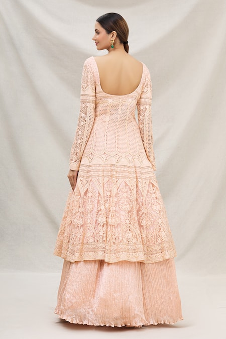 Shop_Neha Mehta Couture_Peach Lucknowi U Neck Anarkali And Lehenga Set _at_Aza_Fashions