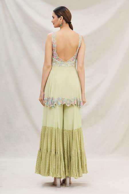 Shop_Neha Mehta Couture_Green Georgette V Neck Embroidered Kurta Sharara Set _at_Aza_Fashions