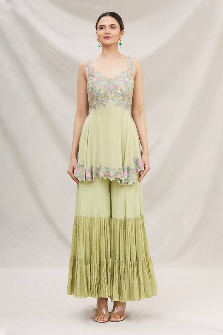 Neha Mehta Couture_Green Georgette V Neck Embroidered Kurta Sharara Set _Online_at_Aza_Fashions