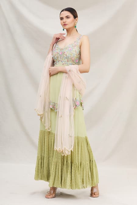 Buy_Neha Mehta Couture_Green Georgette V Neck Embroidered Kurta Sharara Set _Online_at_Aza_Fashions