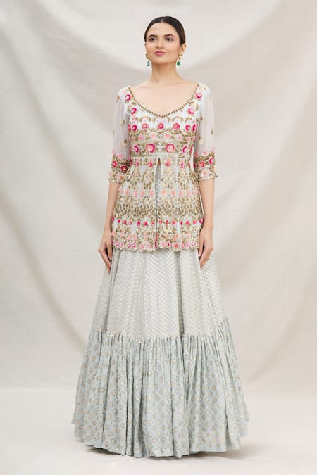 Neha Mehta Couture Blue Georgette, Lucknowi V Neck Embbroidered Kurta Lehenga Set Online at Aza Fashions Neha Mehta Couture_Blue Georgette, Lucknowi V Neck Embbroidered Kurta Lehenga Set _Online_at_Aza_Fashions