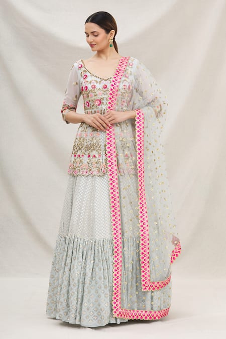 Buy Neha Mehta Couture Blue Georgette, Lucknowi V Neck Embbroidered Kurta Lehenga Set Online at Aza Fashions Buy_Neha Mehta Couture_Blue Georgette, Lucknowi V Neck Embbroidered Kurta Lehenga Set _Online_at_Aza_Fashions