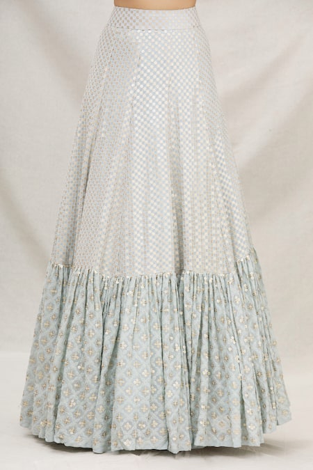 Shop Neha Mehta Couture Blue Georgette, Lucknowi V Neck Embbroidered Kurta Lehenga Set Online at Aza Fashions Shop_Neha Mehta Couture_Blue Georgette, Lucknowi V Neck Embbroidered Kurta Lehenga Set _Online_at_Aza_Fashions