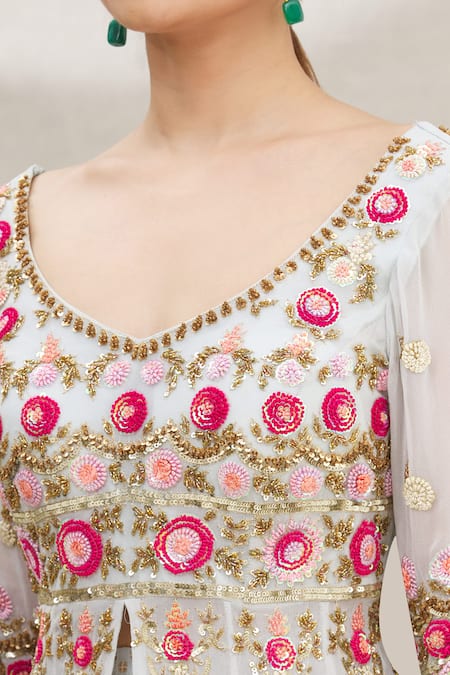 Neha Mehta Couture Blue Georgette, Lucknowi V Neck Embbroidered Kurta Lehenga Set at Aza Fashions Neha Mehta Couture_Blue Georgette, Lucknowi V Neck Embbroidered Kurta Lehenga Set _at_Aza_Fashions