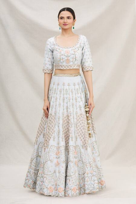 Neha Mehta Couture_Blue Silk U Neck Bridal Lehenga Set _Online_at_Aza_Fashions