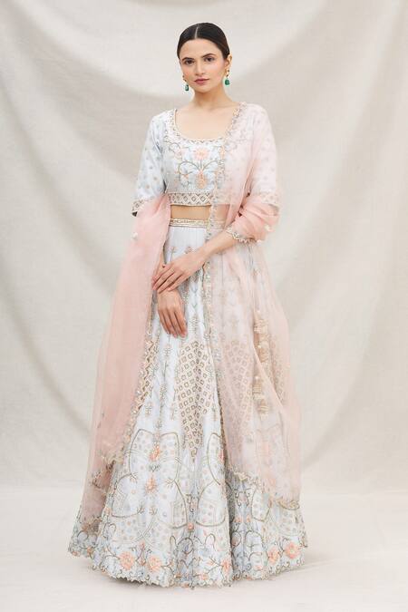 Buy_Neha Mehta Couture_Blue Silk U Neck Bridal Lehenga Set _Online_at_Aza_Fashions