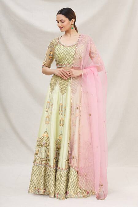 Buy_Neha Mehta Couture_Green Silk U Neck Bridal Lehenga Set _Online_at_Aza_Fashions