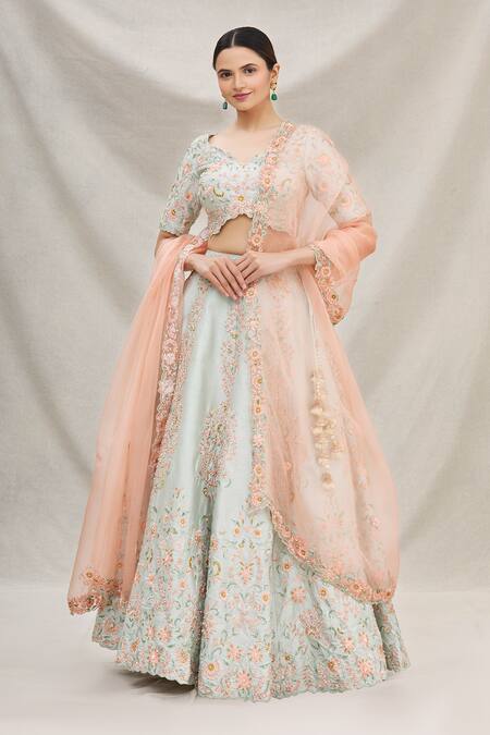 Buy Grey Dupion V Neck Embroidered Bridal Lehenga Set For Women by Megha &  Jigar Online at Aza Fashions.