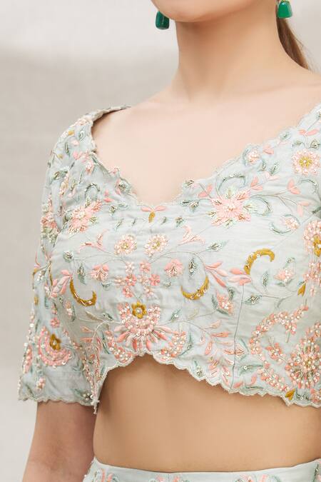 Neha Mehta Couture Grey Silk Leaf Neck Bridal Lehenga Set at Aza Fashions Neha Mehta Couture_Grey Silk Leaf Neck Bridal Lehenga Set _at_Aza_Fashions