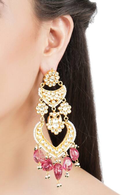 Buy_Auraa Trends_Gold Plated Pearls, Beads Kundan Floral Danglers _Online_at_Aza_Fashions
