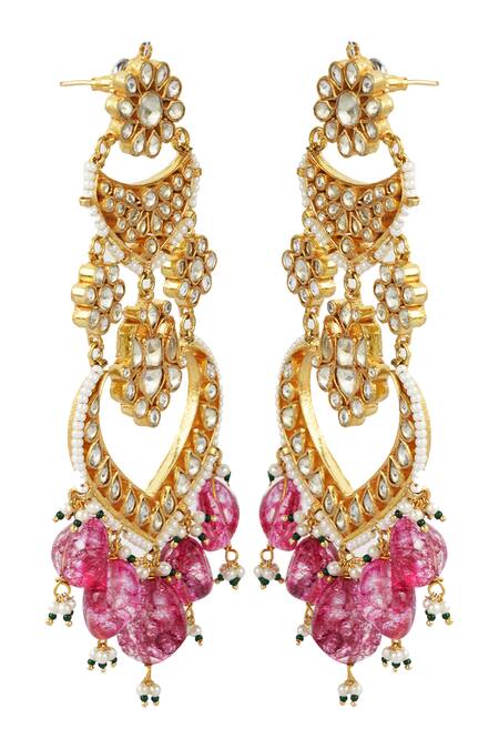 Shop_Auraa Trends_Gold Plated Pearls, Beads Kundan Floral Danglers _Online_at_Aza_Fashions