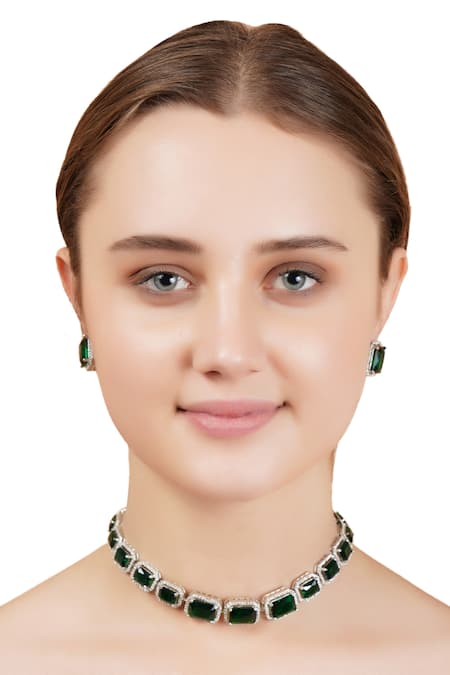 Buy_Auraa Trends_Silver Plated Diamonds, Crystals Geometric Choker Set _Online_at_Aza_Fashions