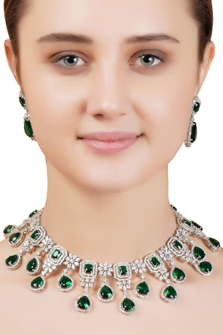 Shop_Auraa Trends_Silver Plated Diamonds, Crystals Geometric Teardrop Necklace Set _Online_at_Aza_Fashions