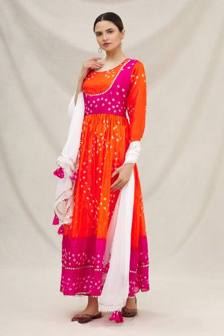 Samyukta Singhania Orange Art Silk Boat Bandhani Anarkali Set 