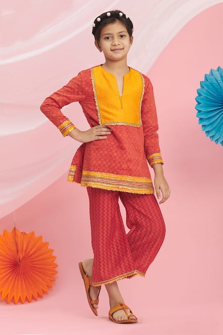 Nikasha Red Cotton Embroidery, Tassels Kurta And Pant Set 