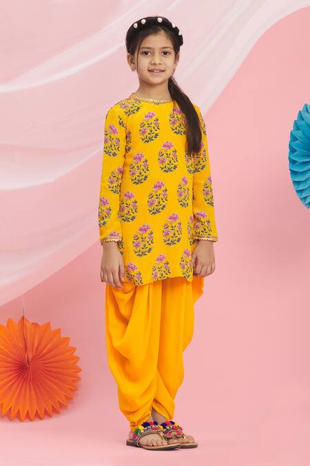 Nikasha_Yellow Cotton Printed Kurta And Dhoti Pant Set _Online_at_Aza_Fashions