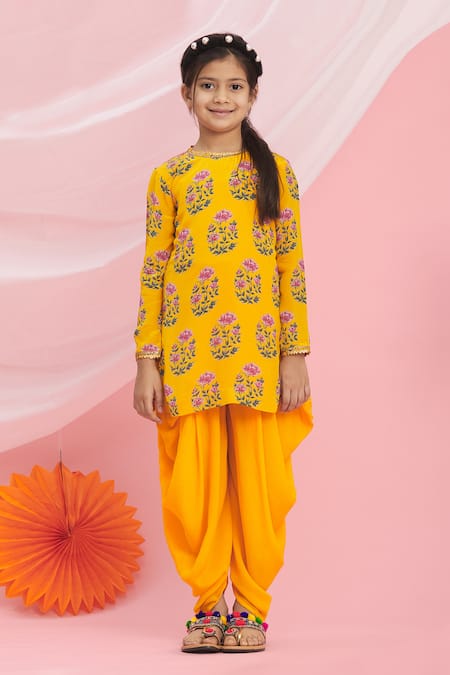 Buy_Nikasha_Yellow Cotton Printed Kurta And Dhoti Pant Set _Online_at_Aza_Fashions
