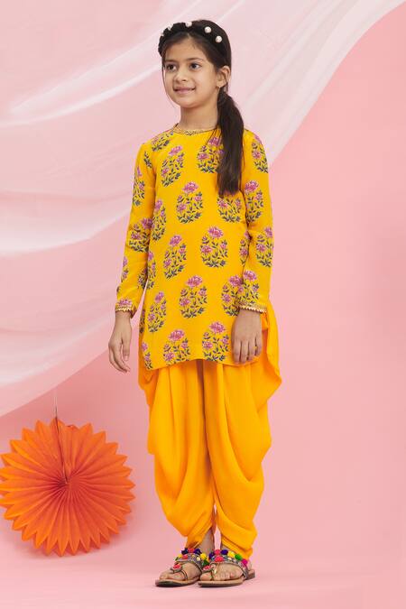 Shop_Nikasha_Yellow Cotton Printed Kurta And Dhoti Pant Set _Online_at_Aza_Fashions