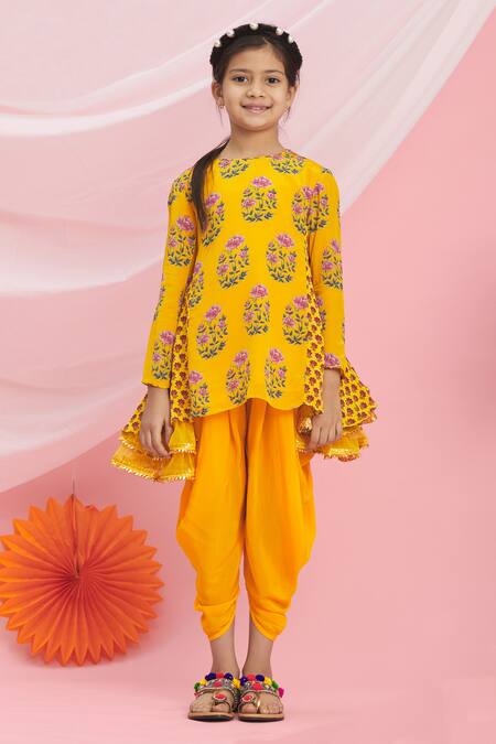 Buy_Nikasha_Yellow Cotton Tassels Printed Kurta And Dhoti Pant Set _Online_at_Aza_Fashions