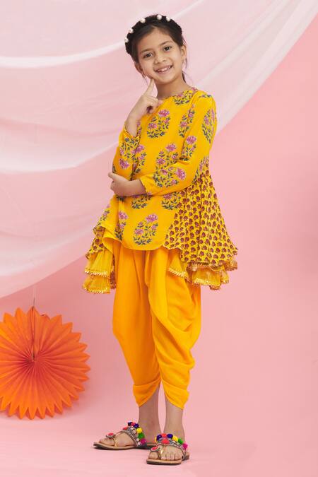 Shop_Nikasha_Yellow Cotton Tassels Printed Kurta And Dhoti Pant Set _Online_at_Aza_Fashions