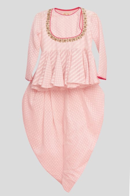 Nikasha Pink Cotton Embroidery Peplum Kurta And Dhoti Pant Set 