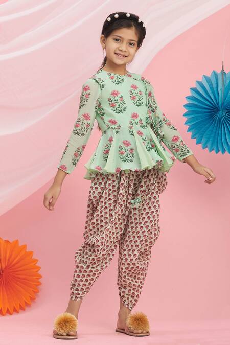 Nikasha_Green Cotton Embroidery, Tassels Printed Kurta And Dhoti Pant Set _Online_at_Aza_Fashions