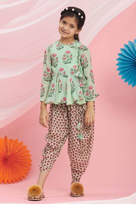 Buy_Nikasha_Green Cotton Embroidery, Tassels Printed Kurta And Dhoti Pant Set _Online_at_Aza_Fashions