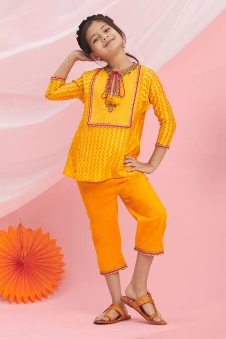 Buy_Nikasha_Orange Cotton Tassels, Embroidery Kurta And Pant Set _Online_at_Aza_Fashions