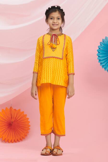 Shop_Nikasha_Orange Cotton Tassels, Embroidery Kurta And Pant Set _Online_at_Aza_Fashions