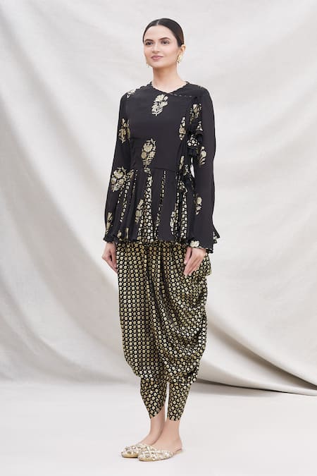 Nikasha_Black Round Peplum Kurta And Dhoti Pant Set _Online_at_Aza_Fashions
