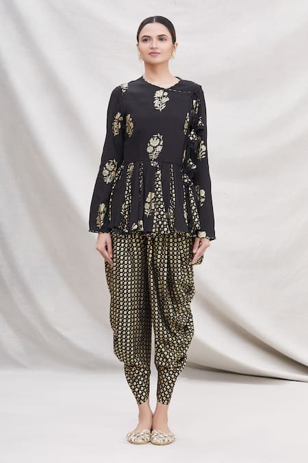Buy_Nikasha_Black Round Peplum Kurta And Dhoti Pant Set _Online_at_Aza_Fashions