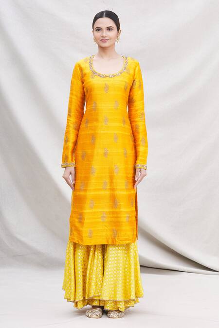 Buy Nikasha Yellow Round Floral Print Kurta Sharara Set Online at Aza Fashions Buy_Nikasha_Yellow Round Floral Print Kurta Sharara Set _Online_at_Aza_Fashions