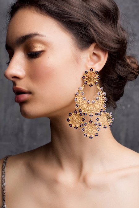 Zariin Gold Plated Floral Enamel Filigree Chandbalis