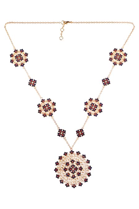 Shop Zariin Gold Plated Floral Enamel Pendant Necklace at Aza Fashions Shop_Zariin_Gold Plated Floral Enamel Pendant Necklace _at_Aza_Fashions