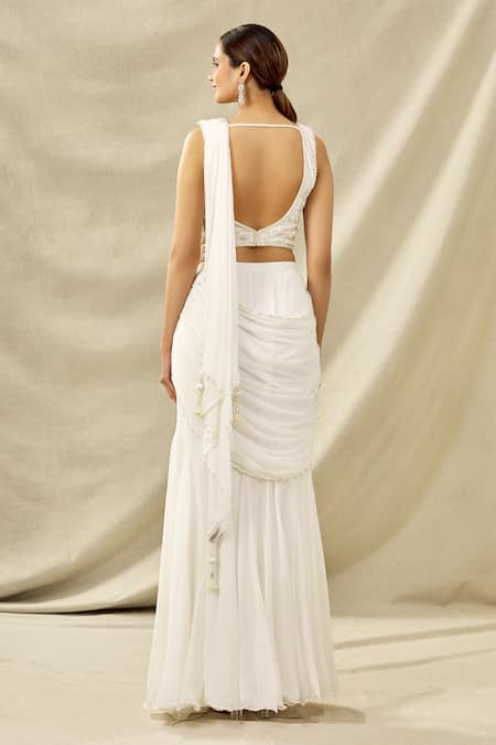 Shop Arpan Vohra White Tulle V Neck Embroidered Pre-draped Saree Set at Aza Fashions Shop_Arpan Vohra_White Tulle V Neck Embroidered Pre-draped Saree Set_at_Aza_Fashions